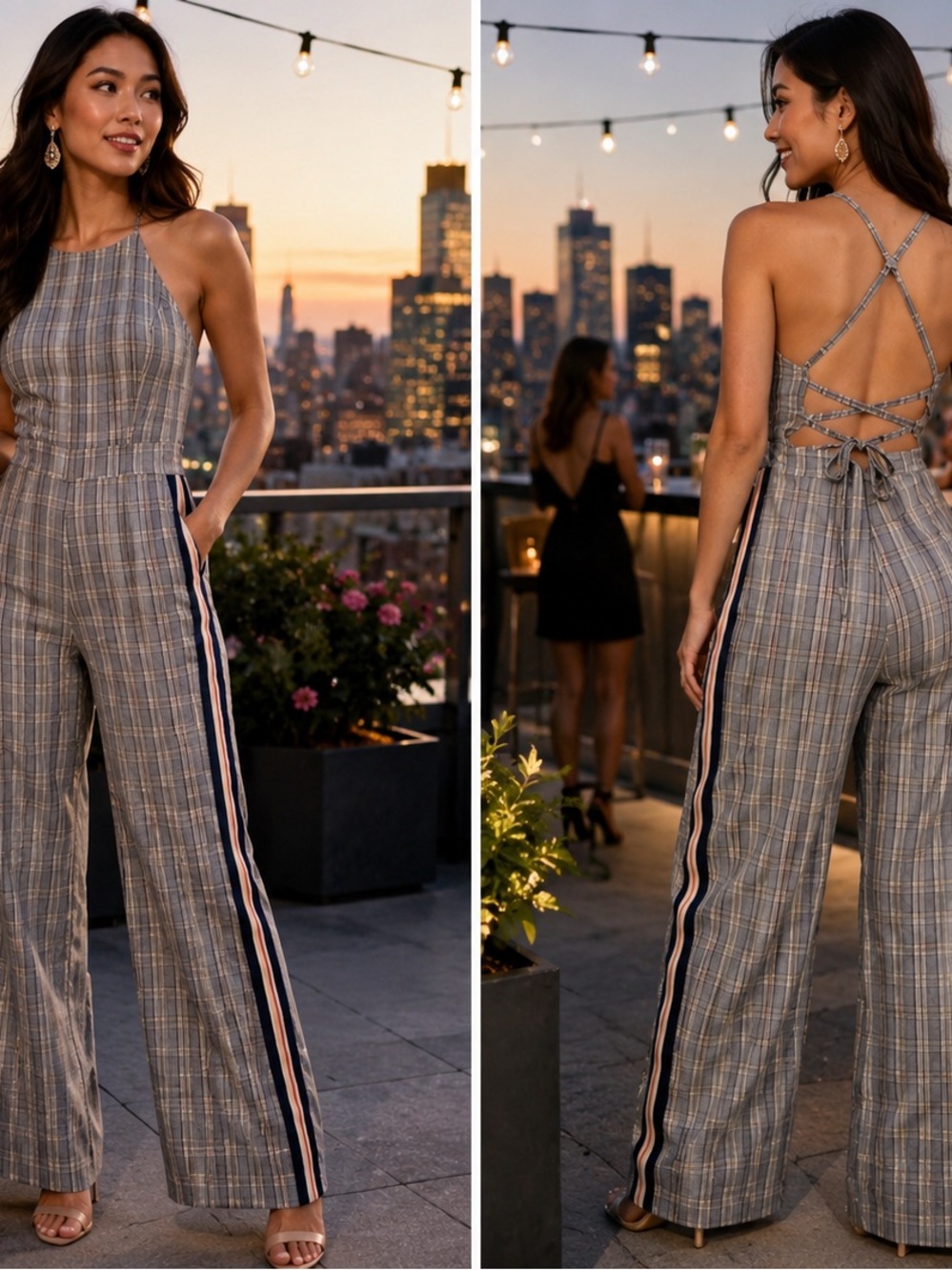 Honey Punch Plaid Halter Wide Leg Jumpsuit Size 2…